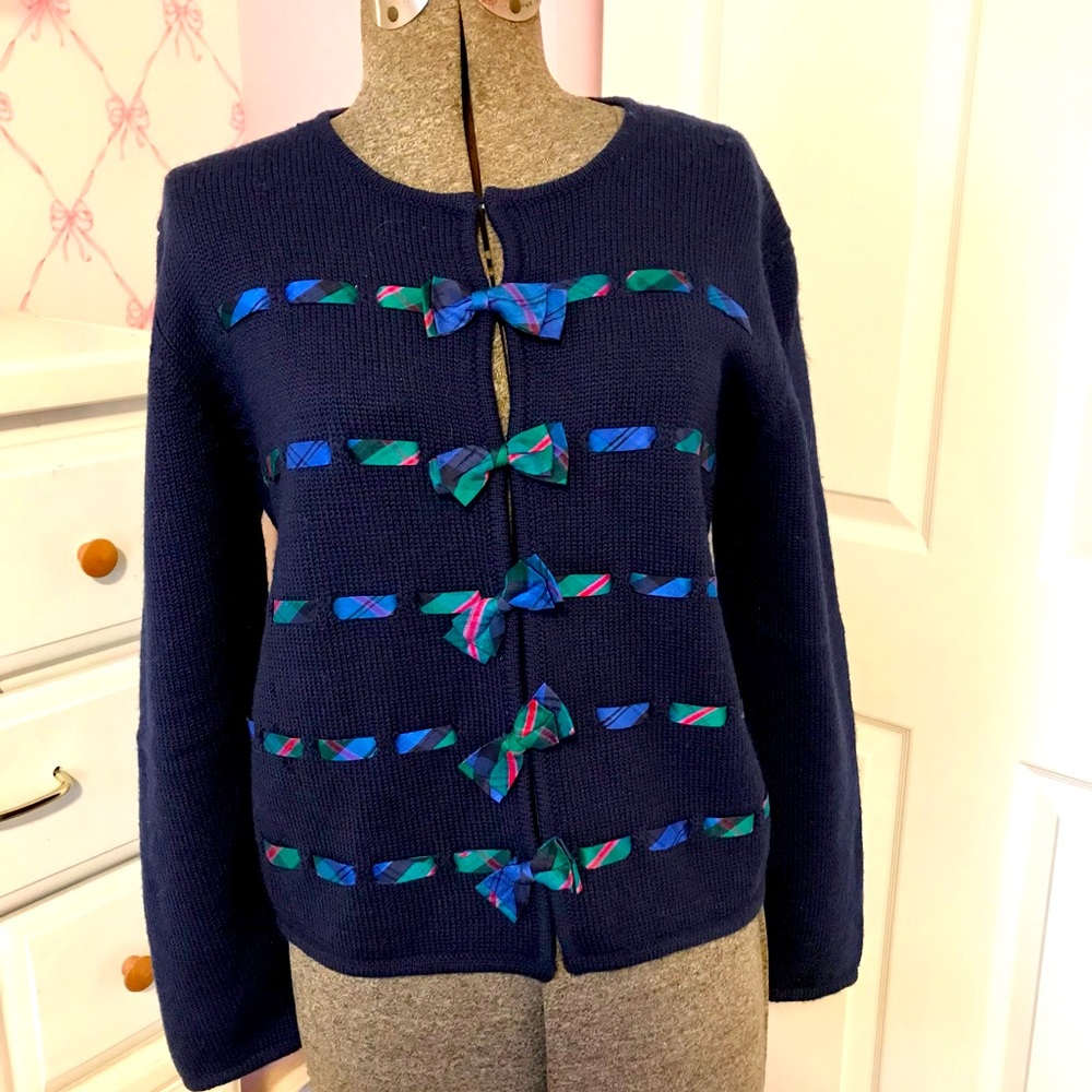 Susan Bristol festive wool sweater with plaid trim